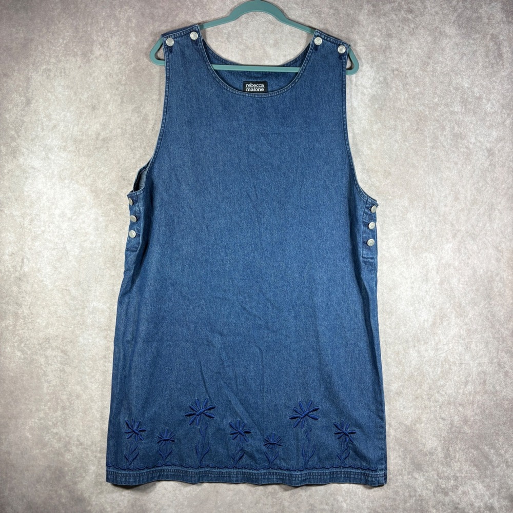 Vintage Rebecca Malone Jumper Dress XL Blue Denim Floral Embroidered Button Side